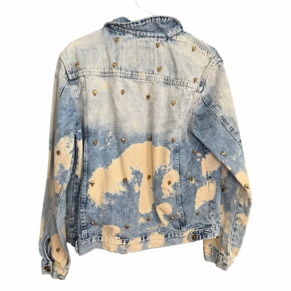 Reason Bleach Washed Skull Metal Grommets Jean Jacket Size Large Distressed - Picture 2 of 7